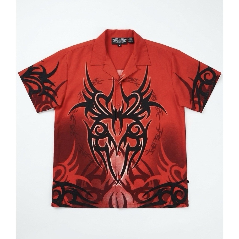 Vintage Y2K Silver Point Red Black Tribal Flame Dragon Button Shirt Mens M Korea
